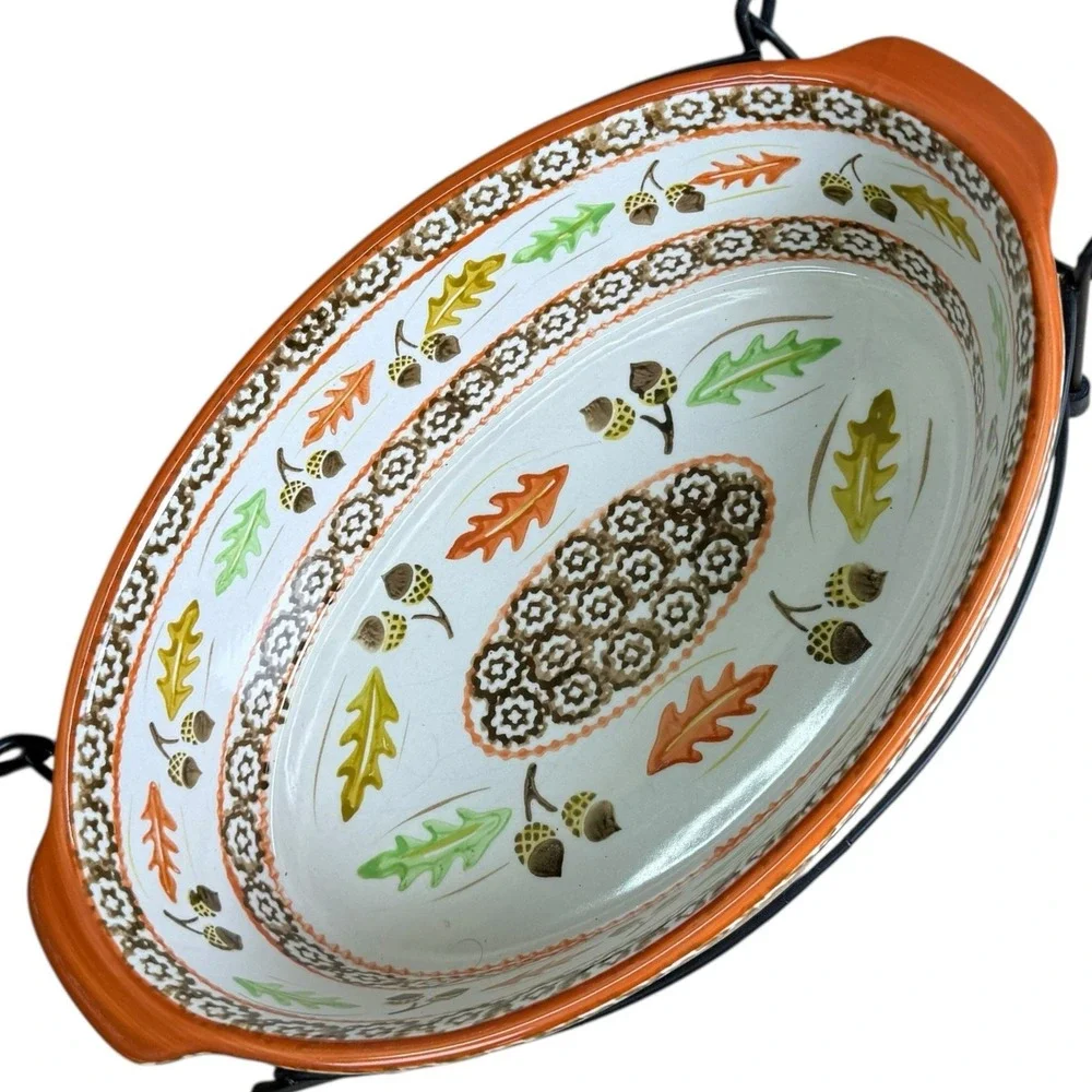 Temptations Old World Orange Acorn & Leaves 2.5qt W/ Handled Metal Carrying Rack